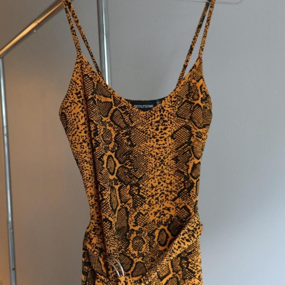 Orange Snakeskin Print Vibrant Spaghetti Strap Dress Adjustable Belt